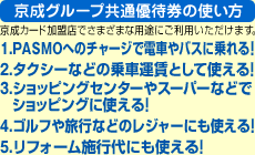 ［共通グループ共通優待券の使い方］京成カード加盟店でさまざまな用途にご利用いただけます。1.PASMOへのチャージで電車やバスに乗れる！2.タクシーなどの乗車運賃として使える！3.ショッピングセンターやスーパーなどでショッピングに使える！4.ゴルフや旅行などのレジャーにも使える！5.リフォーム施行代にも使える！